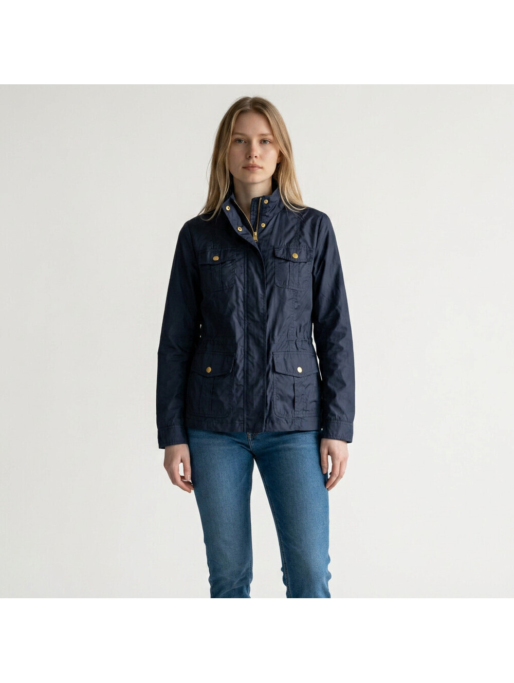Basic Editions Windbreaker Jacket Women L Large Blue Full Zip Collared Pockets